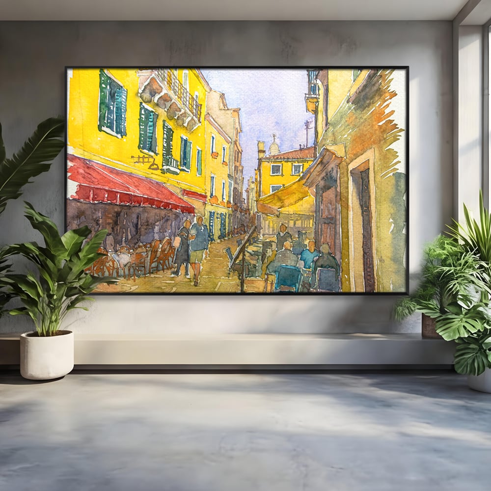 Tablou Canvas Premium LuxCanva® C1007, Terase , Living, Hol, Strada, Vacanta, Centrul Vechi, Vara, Relaxare, Culori Vibrante