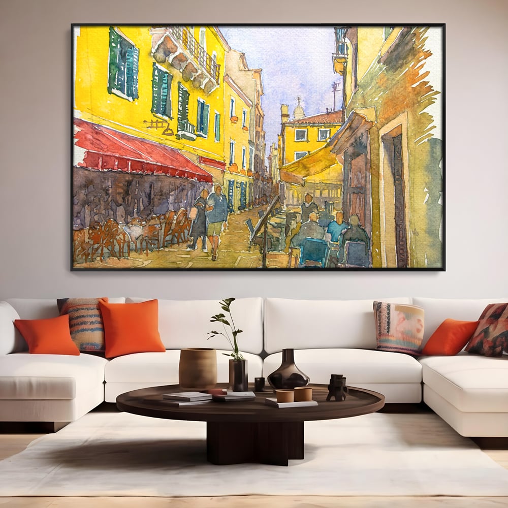 Tablou Canvas Premium LuxCanva® C1007, Terase , Living, Hol, Strada, Vacanta, Centrul Vechi, Vara, Relaxare, Culori Vibrante
