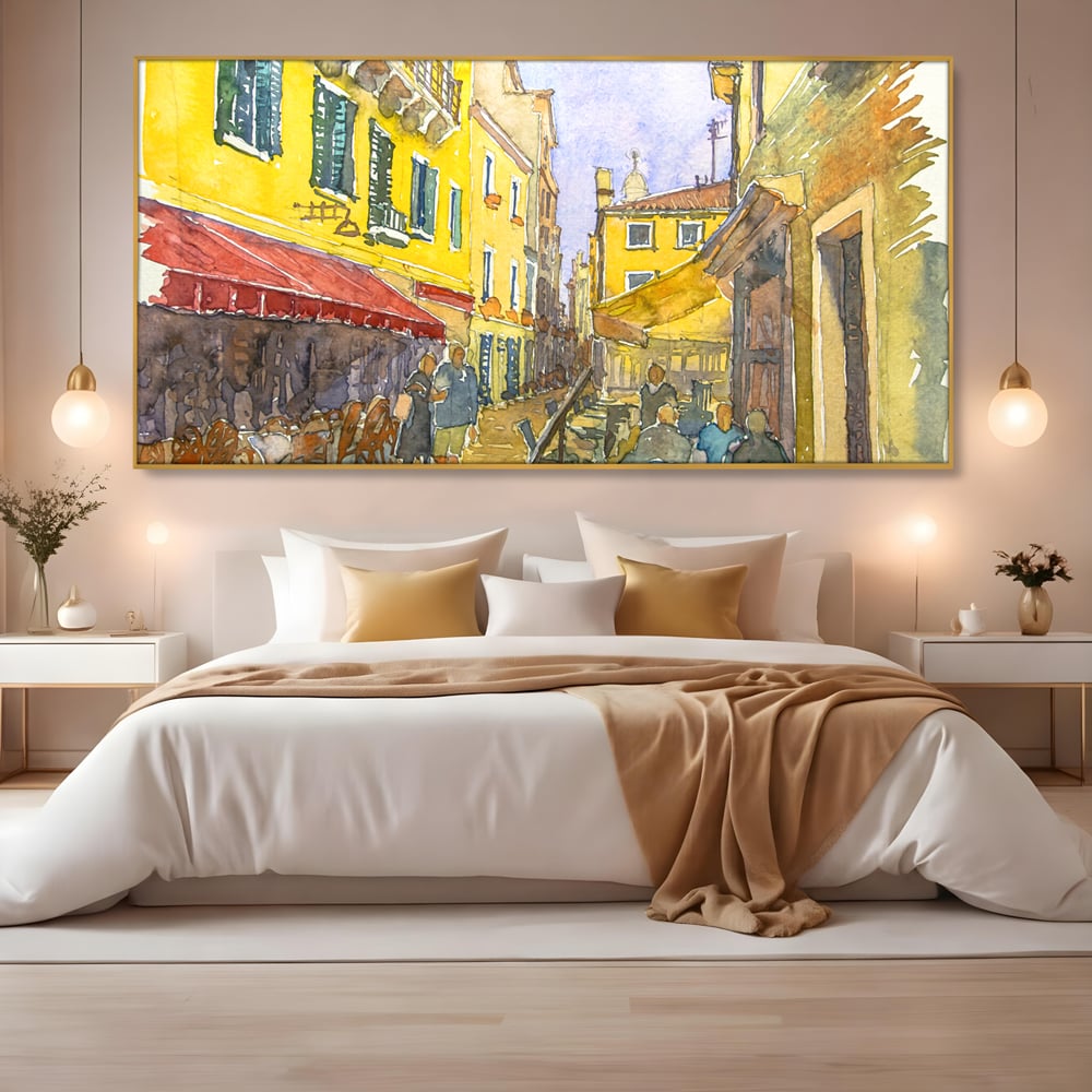 Tablou Canvas Premium LuxCanva® C1007, Terase , Living, Hol, Strada, Vacanta, Centrul Vechi, Vara, Relaxare, Culori Vibrante