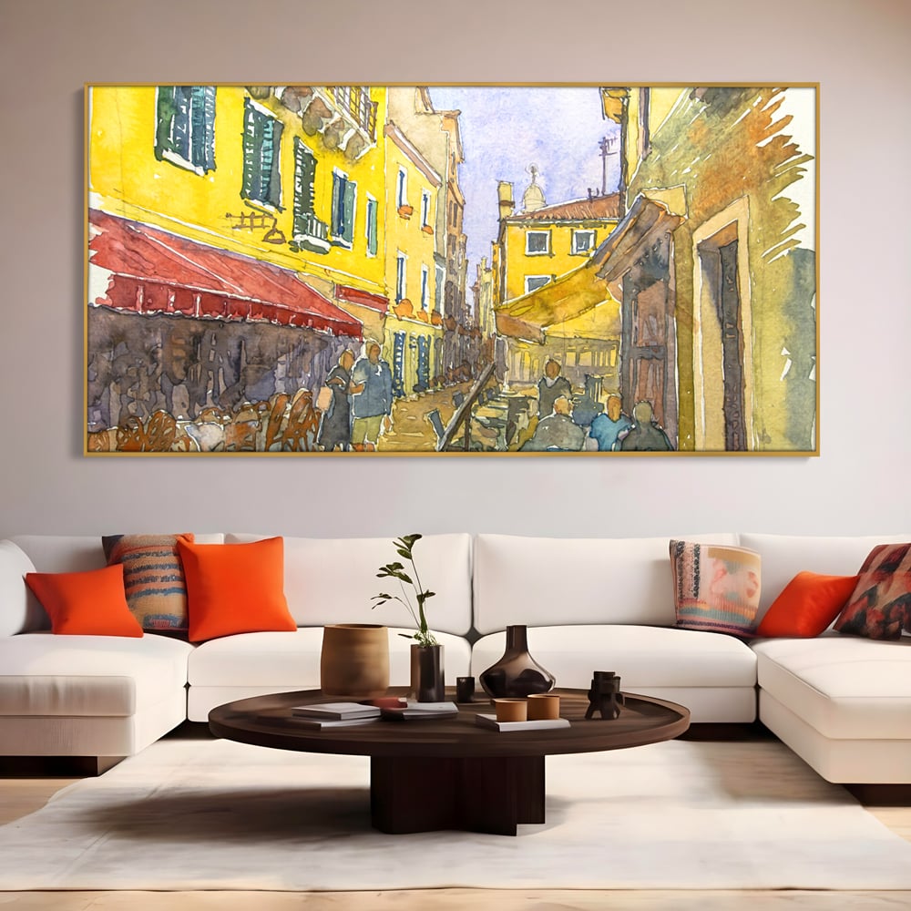Tablou Canvas Premium LuxCanva® C1007, Terase , Living, Hol, Strada, Vacanta, Centrul Vechi, Vara, Relaxare, Culori Vibrante