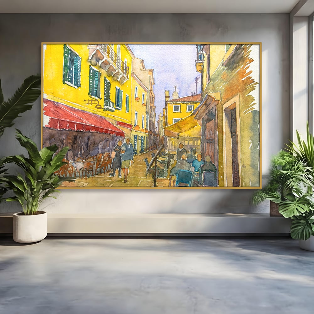 Tablou Canvas Premium LuxCanva® C1007, Terase , Living, Hol, Strada, Vacanta, Centrul Vechi, Vara, Relaxare, Culori Vibrante
