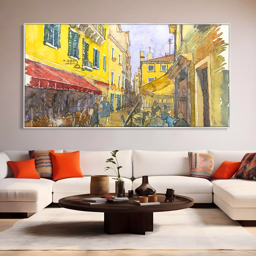 Tablou Canvas Premium LuxCanva® C1007, Terase , Living, Hol, Strada, Vacanta, Centrul Vechi, Vara, Relaxare, Culori Vibrante