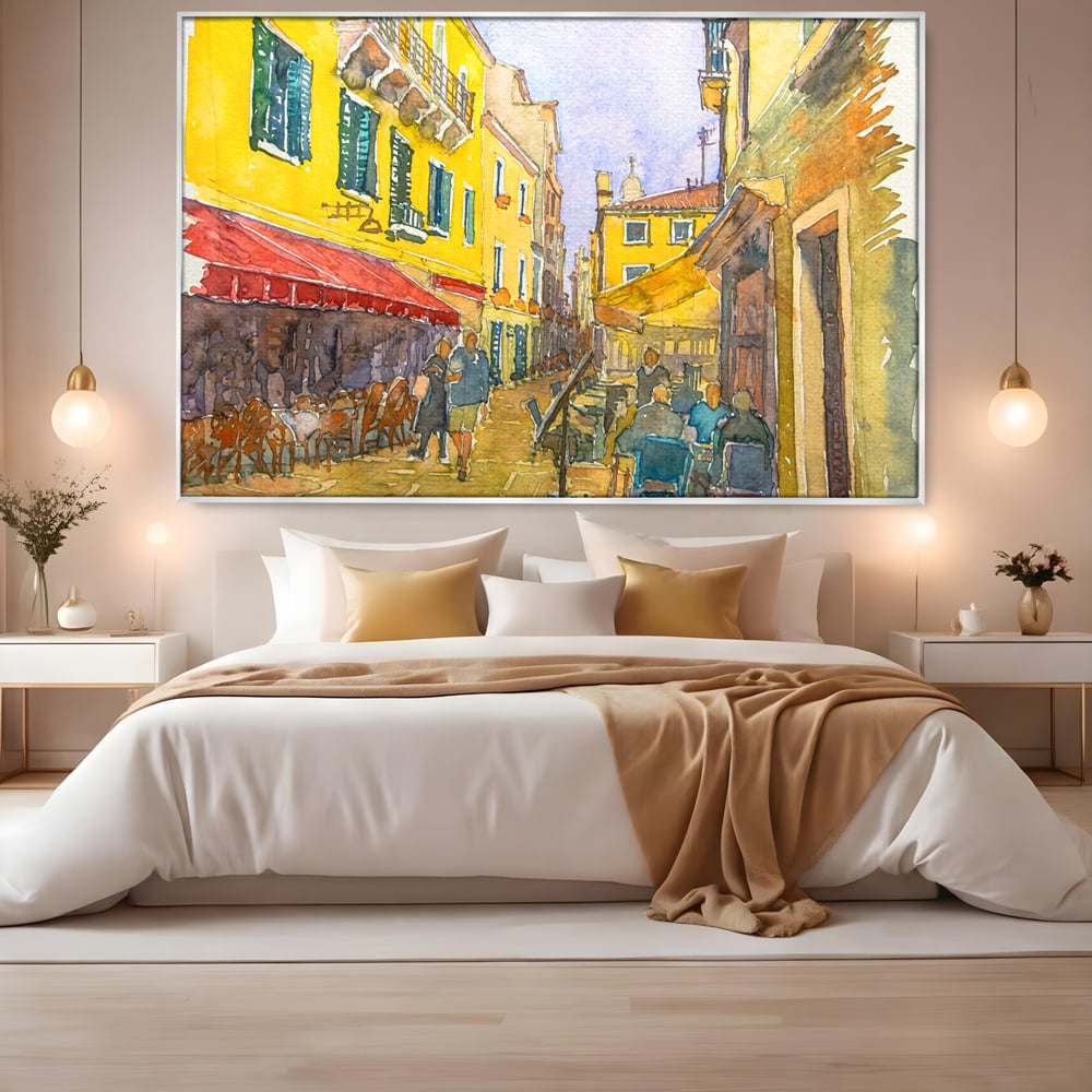 Tablou Canvas Premium LuxCanva® C1007, Terase , Living, Hol, Strada, Vacanta, Centrul Vechi, Vara, Relaxare, Culori Vibrante