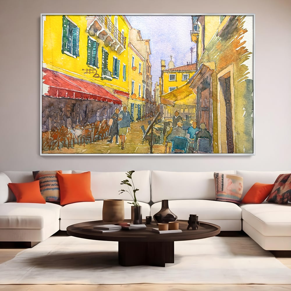 Tablou Canvas Premium LuxCanva® C1007, Terase , Living, Hol, Strada, Vacanta, Centrul Vechi, Vara, Relaxare, Culori Vibrante
