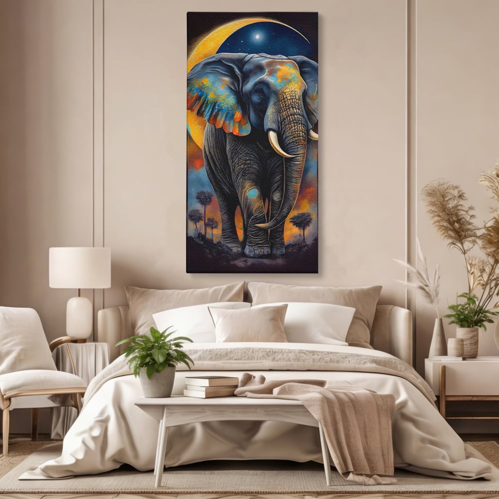 Tablou Canvas Premium LuxCanva® C1012, Elefant Sub Cerul Instelat , Elefant, Safari, Luna, Living, Dormitor, Birou, Relaxare, Culori Vibrante