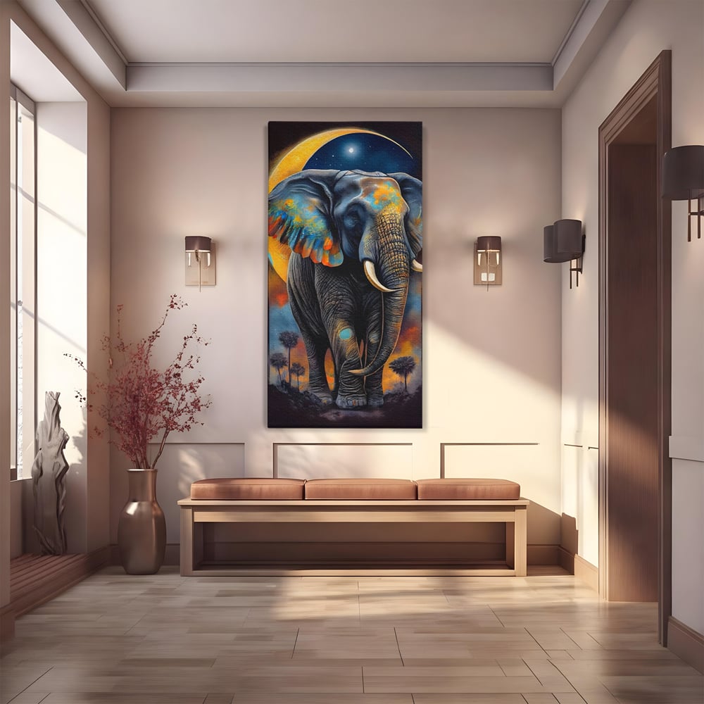 Tablou Canvas Premium LuxCanva® C1012, Elefant Sub Cerul Instelat , Elefant, Safari, Luna, Living, Dormitor, Birou, Relaxare, Culori Vibrante