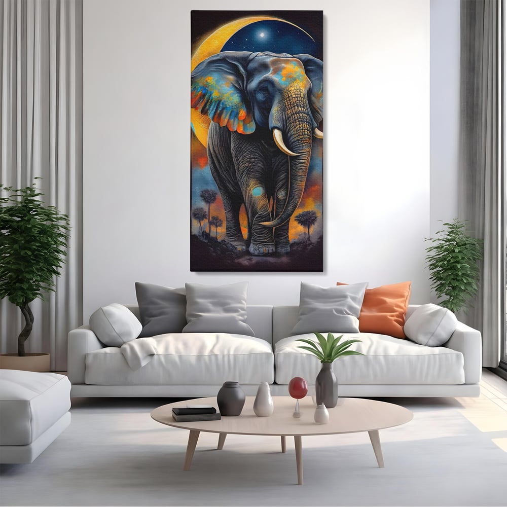 Tablou Canvas Premium LuxCanva® C1012, Elefant Sub Cerul Instelat , Elefant, Safari, Luna, Living, Dormitor, Birou, Relaxare, Culori Vibrante
