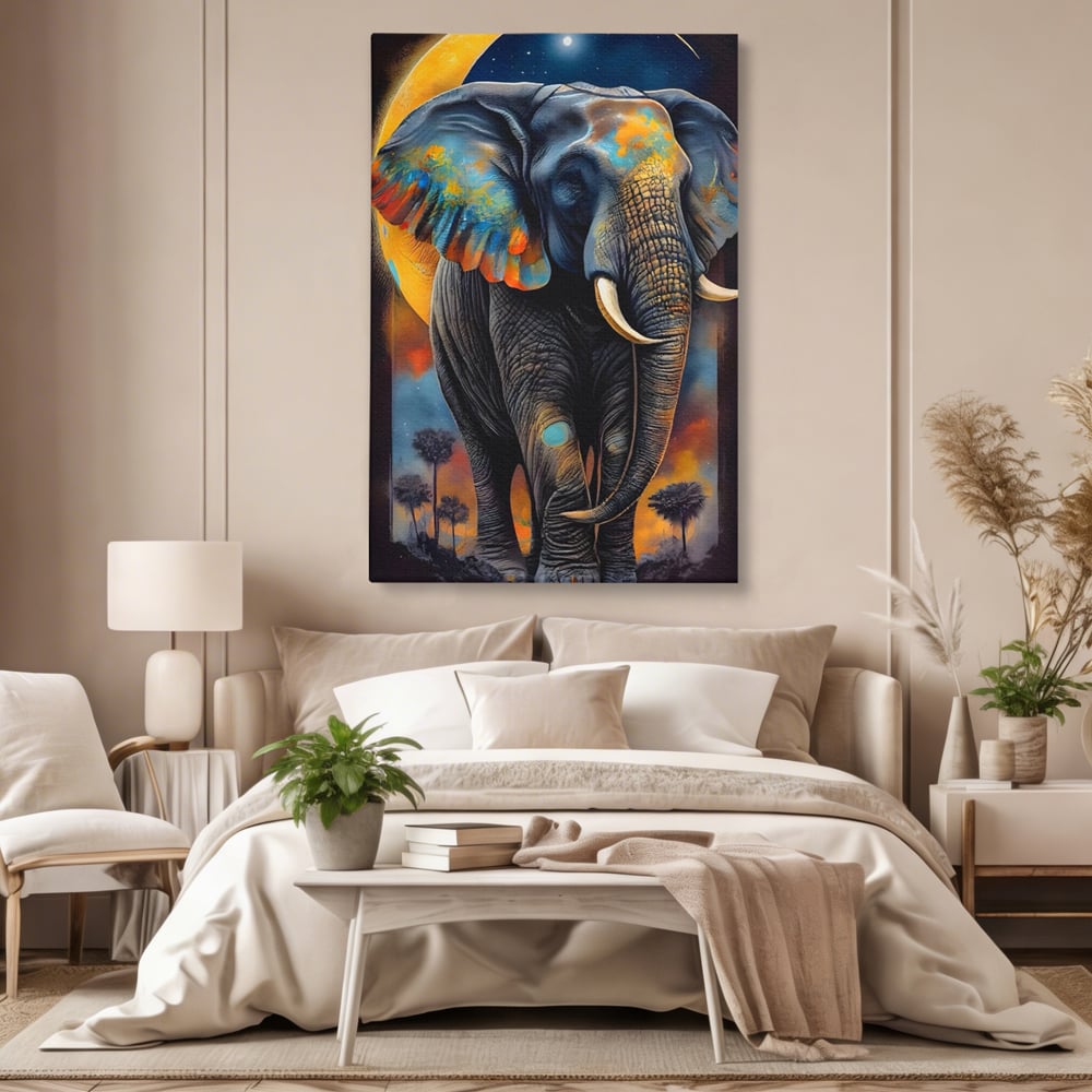 Tablou Canvas Premium LuxCanva® C1012, Elefant Sub Cerul Instelat , Elefant, Safari, Luna, Living, Dormitor, Birou, Relaxare, Culori Vibrante