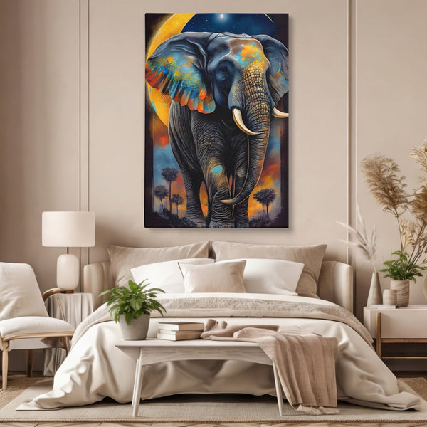 Tablou Canvas Premium LuxCanva® C1012, Elefant Sub Cerul Instelat , Elefant, Safari, Luna, Living, Dormitor, Birou, Relaxare, Culori Vibrante