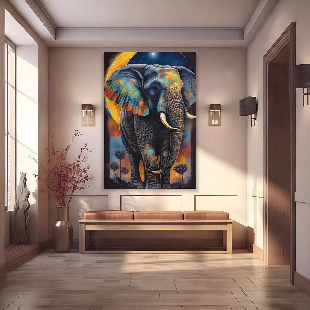 Tablou Canvas Premium LuxCanva® C1012, Elefant Sub Cerul Instelat , Elefant, Safari, Luna, Living, Dormitor, Birou, Relaxare, Culori Vibrante