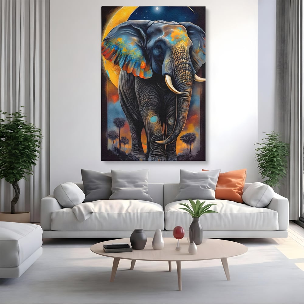 Tablou Canvas Premium LuxCanva® C1012, Elefant Sub Cerul Instelat , Elefant, Safari, Luna, Living, Dormitor, Birou, Relaxare, Culori Vibrante