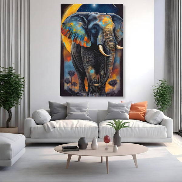 Tablou Canvas Premium LuxCanva® C1012, Elefant Sub Cerul Instelat , Elefant, Safari, Luna, Living, Dormitor, Birou, Relaxare, Culori Vibrante