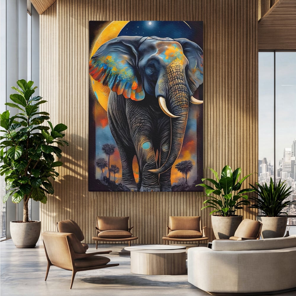 Tablou Canvas Premium LuxCanva® C1012, Elefant Sub Cerul Instelat , Elefant, Safari, Luna, Living, Dormitor, Birou, Relaxare, Culori Vibrante