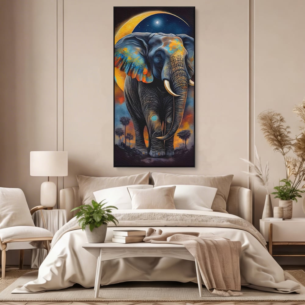 Tablou Canvas Premium LuxCanva® C1012, Elefant Sub Cerul Instelat , Elefant, Safari, Luna, Living, Dormitor, Birou, Relaxare, Culori Vibrante