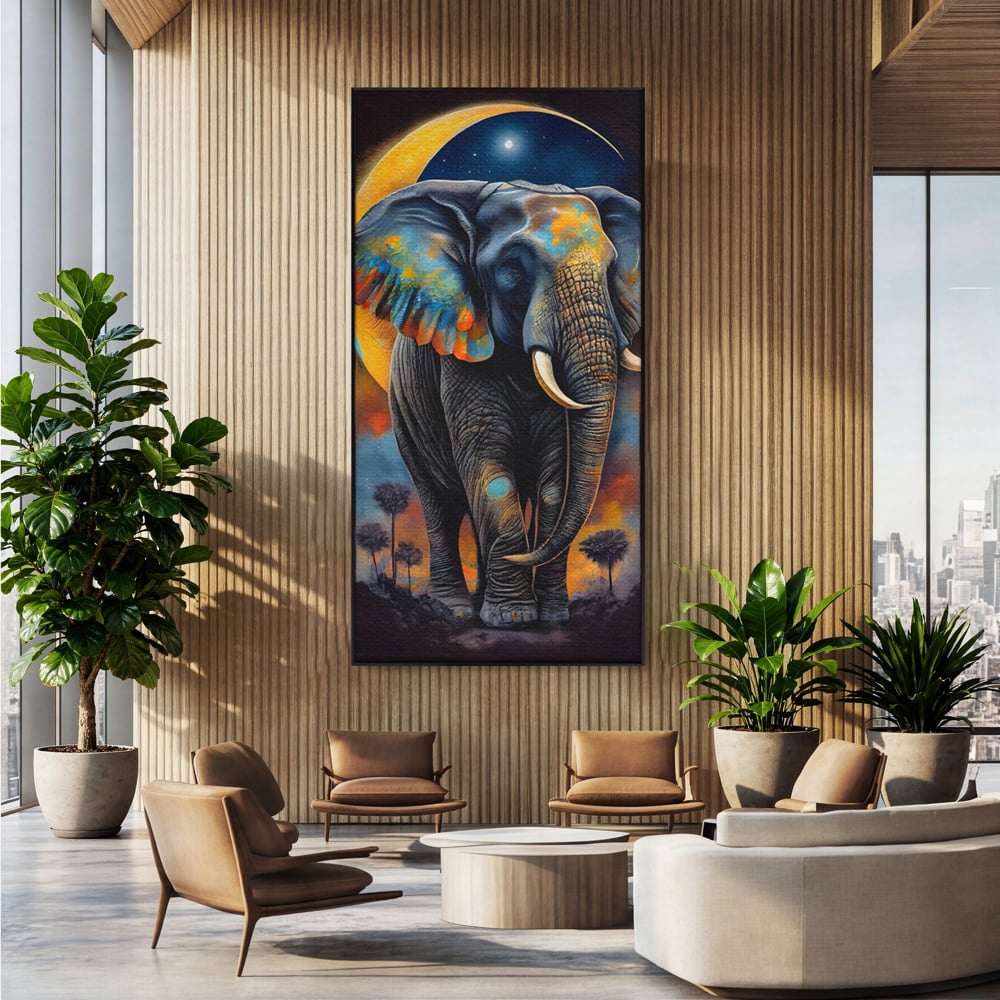 Tablou Canvas Premium LuxCanva® C1012, Elefant Sub Cerul Instelat , Elefant, Safari, Luna, Living, Dormitor, Birou, Relaxare, Culori Vibrante