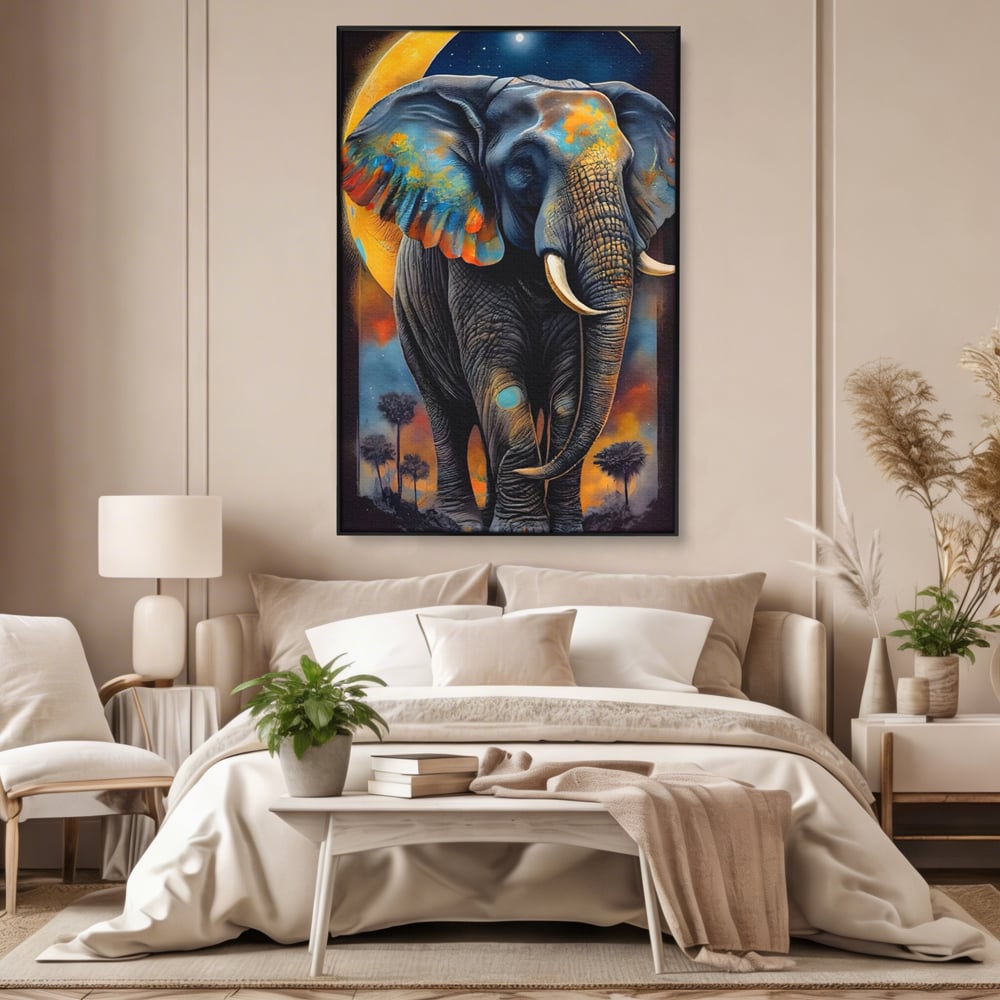 Tablou Canvas Premium LuxCanva® C1012, Elefant Sub Cerul Instelat , Elefant, Safari, Luna, Living, Dormitor, Birou, Relaxare, Culori Vibrante