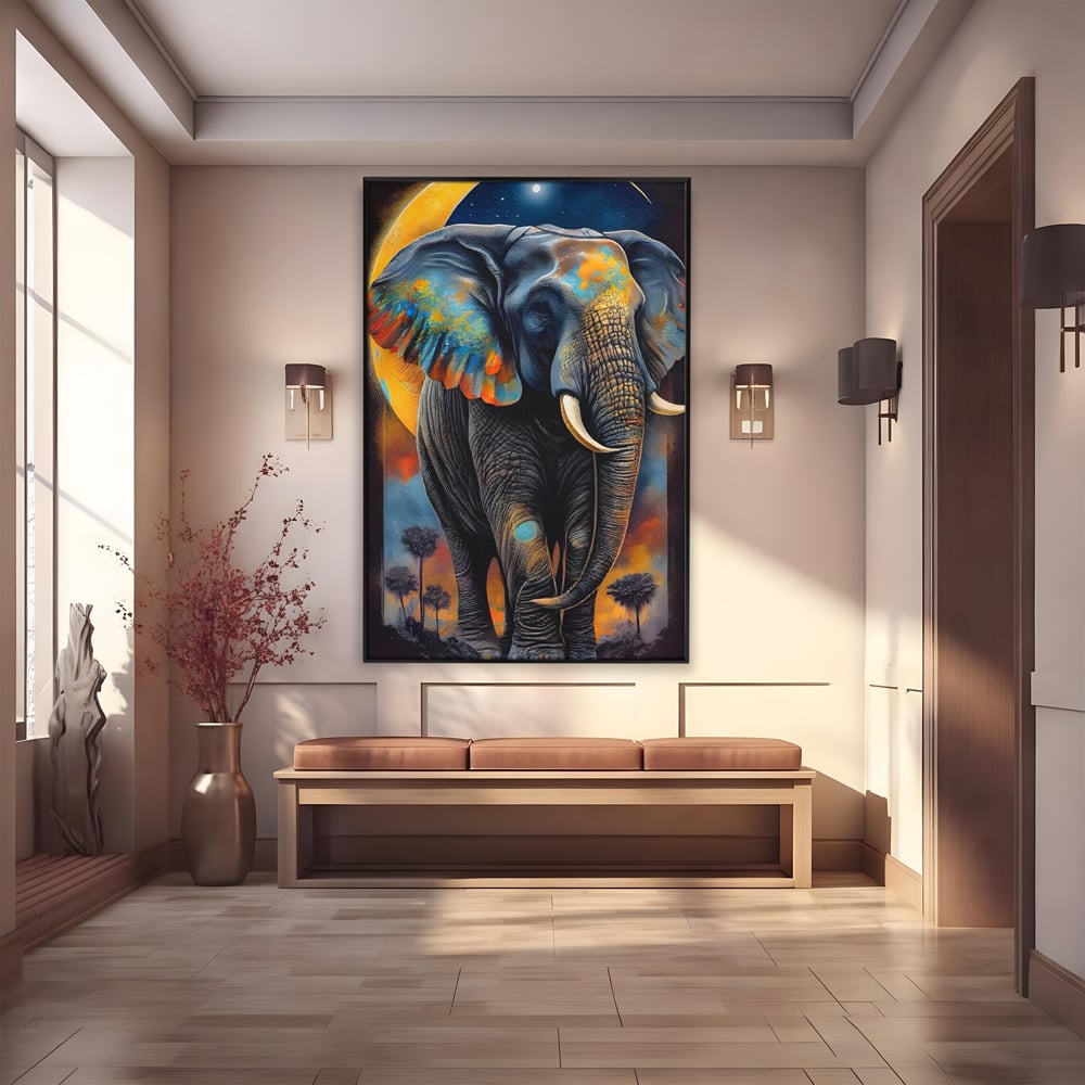 Tablou Canvas Premium LuxCanva® C1012, Elefant Sub Cerul Instelat , Elefant, Safari, Luna, Living, Dormitor, Birou, Relaxare, Culori Vibrante