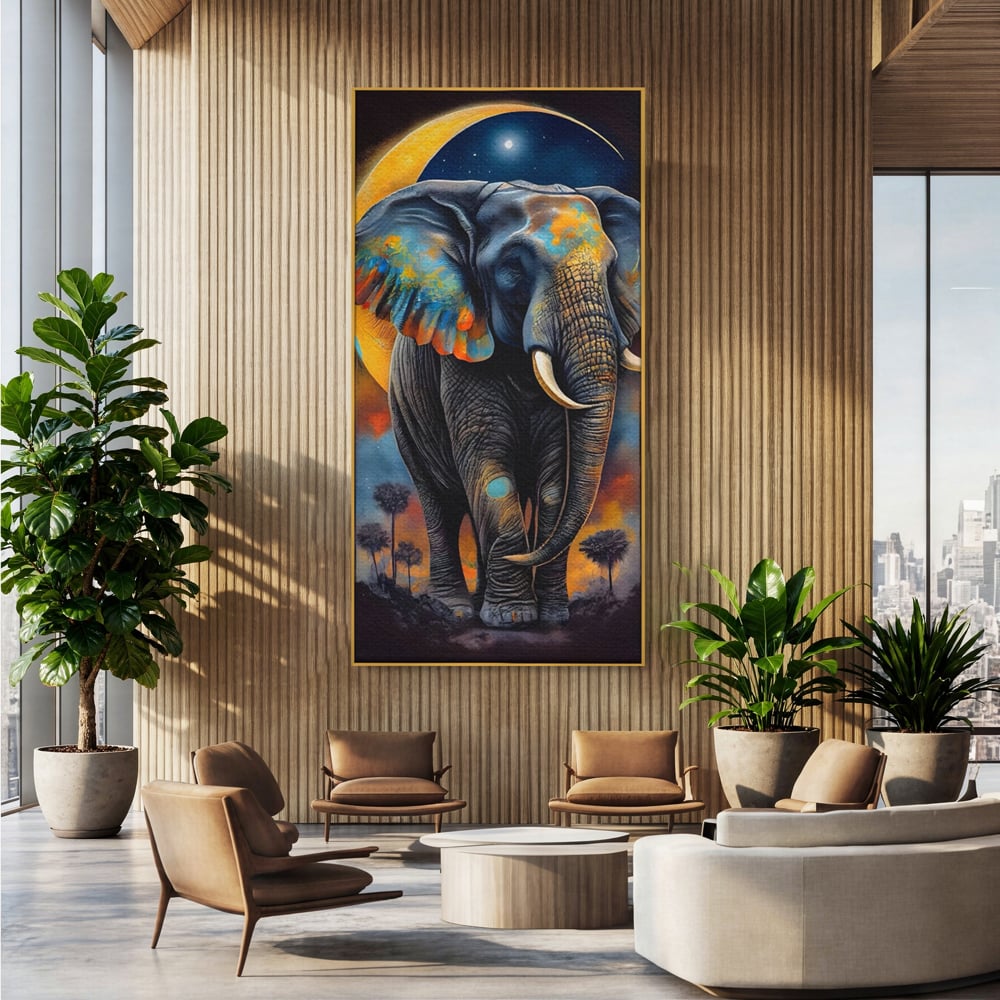 Tablou Canvas Premium LuxCanva® C1012, Elefant Sub Cerul Instelat , Elefant, Safari, Luna, Living, Dormitor, Birou, Relaxare, Culori Vibrante