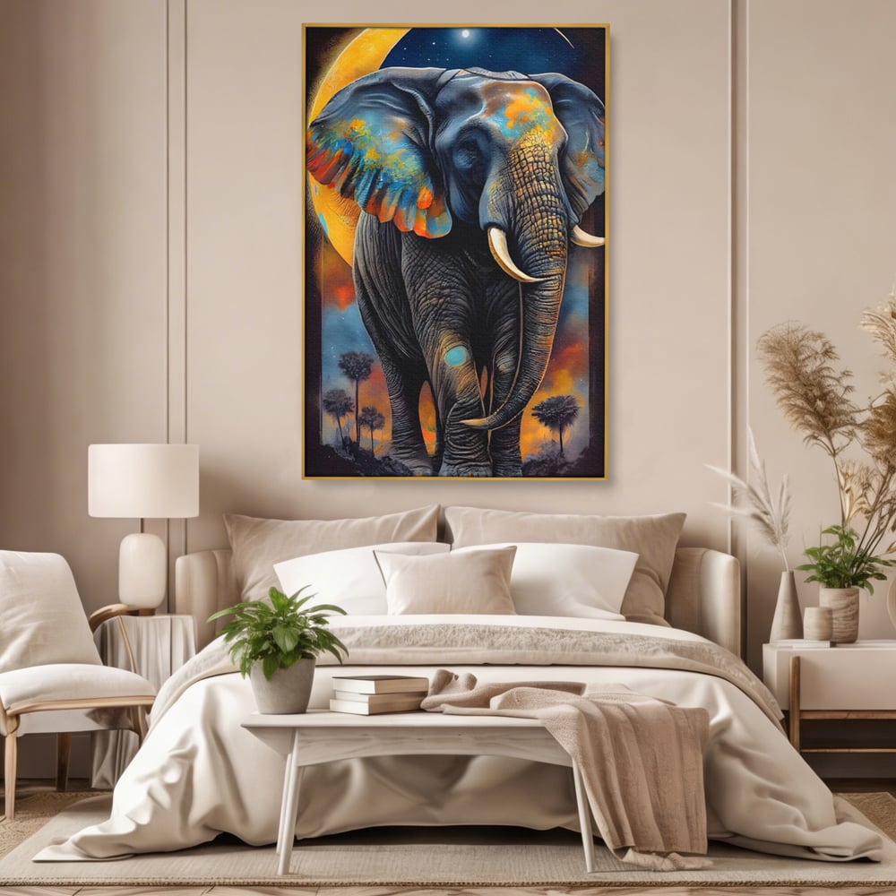 Tablou Canvas Premium LuxCanva® C1012, Elefant Sub Cerul Instelat , Elefant, Safari, Luna, Living, Dormitor, Birou, Relaxare, Culori Vibrante