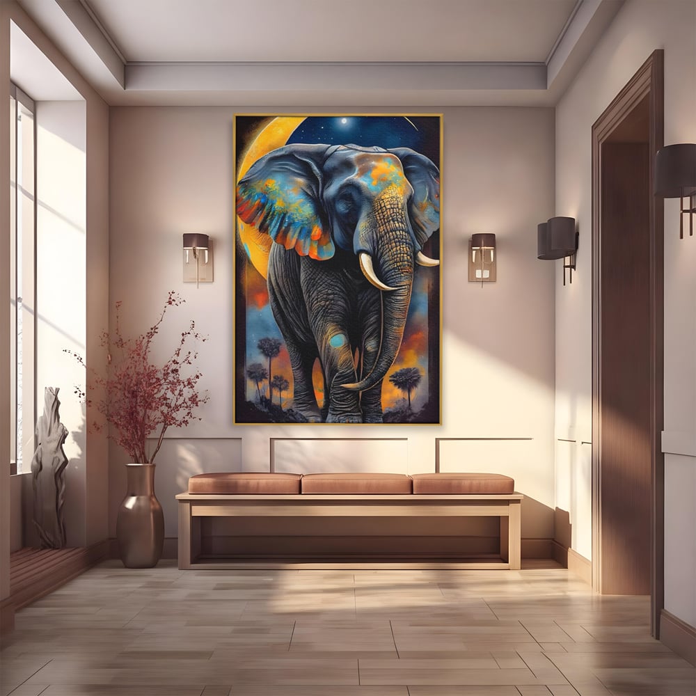 Tablou Canvas Premium LuxCanva® C1012, Elefant Sub Cerul Instelat , Elefant, Safari, Luna, Living, Dormitor, Birou, Relaxare, Culori Vibrante