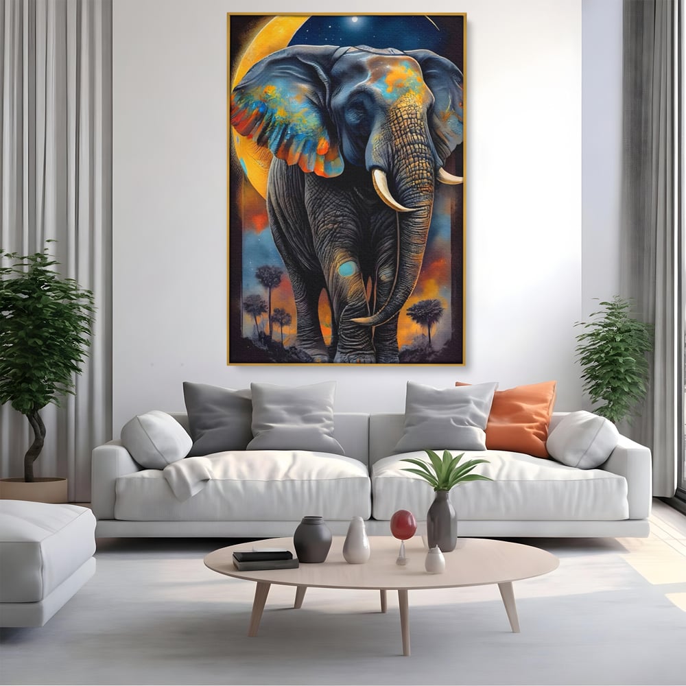 Tablou Canvas Premium LuxCanva® C1012, Elefant Sub Cerul Instelat , Elefant, Safari, Luna, Living, Dormitor, Birou, Relaxare, Culori Vibrante