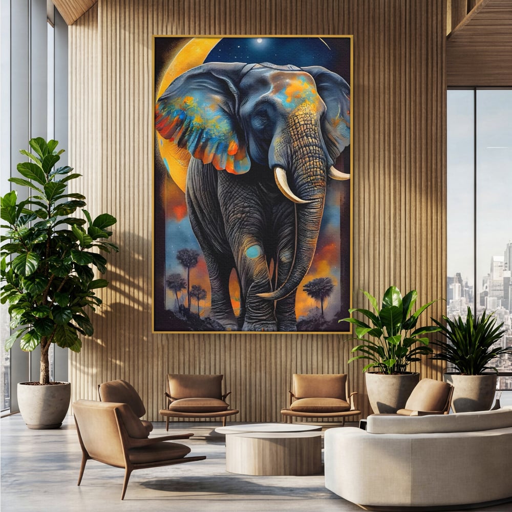 Tablou Canvas Premium LuxCanva® C1012, Elefant Sub Cerul Instelat , Elefant, Safari, Luna, Living, Dormitor, Birou, Relaxare, Culori Vibrante