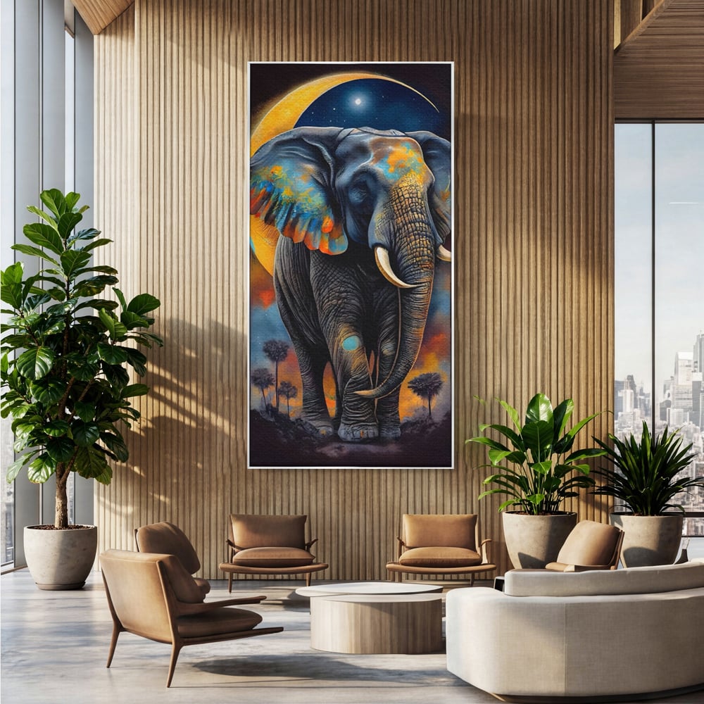 Tablou Canvas Premium LuxCanva® C1012, Elefant Sub Cerul Instelat , Elefant, Safari, Luna, Living, Dormitor, Birou, Relaxare, Culori Vibrante