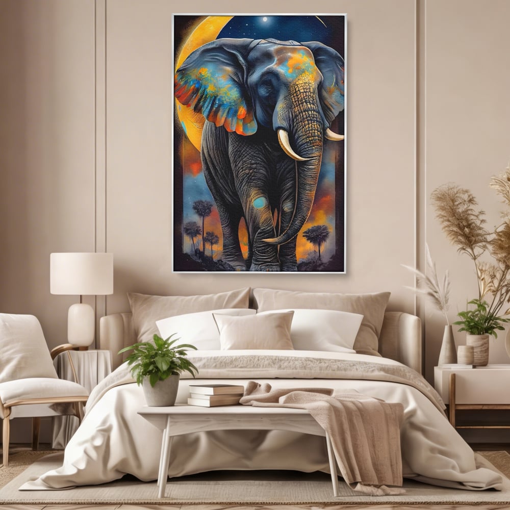 Tablou Canvas Premium LuxCanva® C1012, Elefant Sub Cerul Instelat , Elefant, Safari, Luna, Living, Dormitor, Birou, Relaxare, Culori Vibrante
