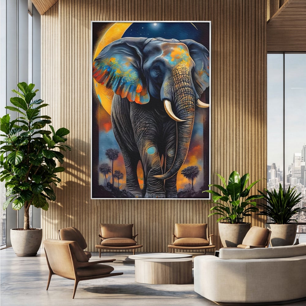 Tablou Canvas Premium LuxCanva® C1012, Elefant Sub Cerul Instelat , Elefant, Safari, Luna, Living, Dormitor, Birou, Relaxare, Culori Vibrante