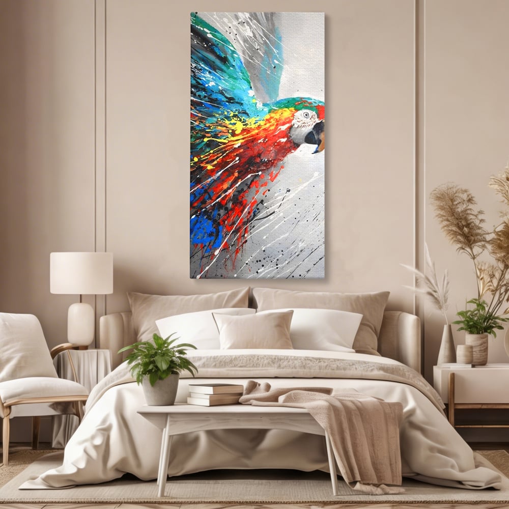 Tablou Canvas Premium LuxCanva® C1016, Papagal Zburand , Penaj Viu Colorat, Culori, Living, Camera Copilului, Birou, Relaxare, Culori Vibrante