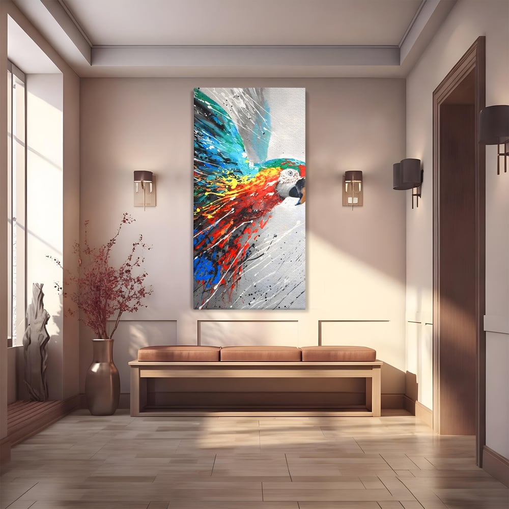 Tablou Canvas Premium LuxCanva® C1016, Papagal Zburand , Penaj Viu Colorat, Culori, Living, Camera Copilului, Birou, Relaxare, Culori Vibrante