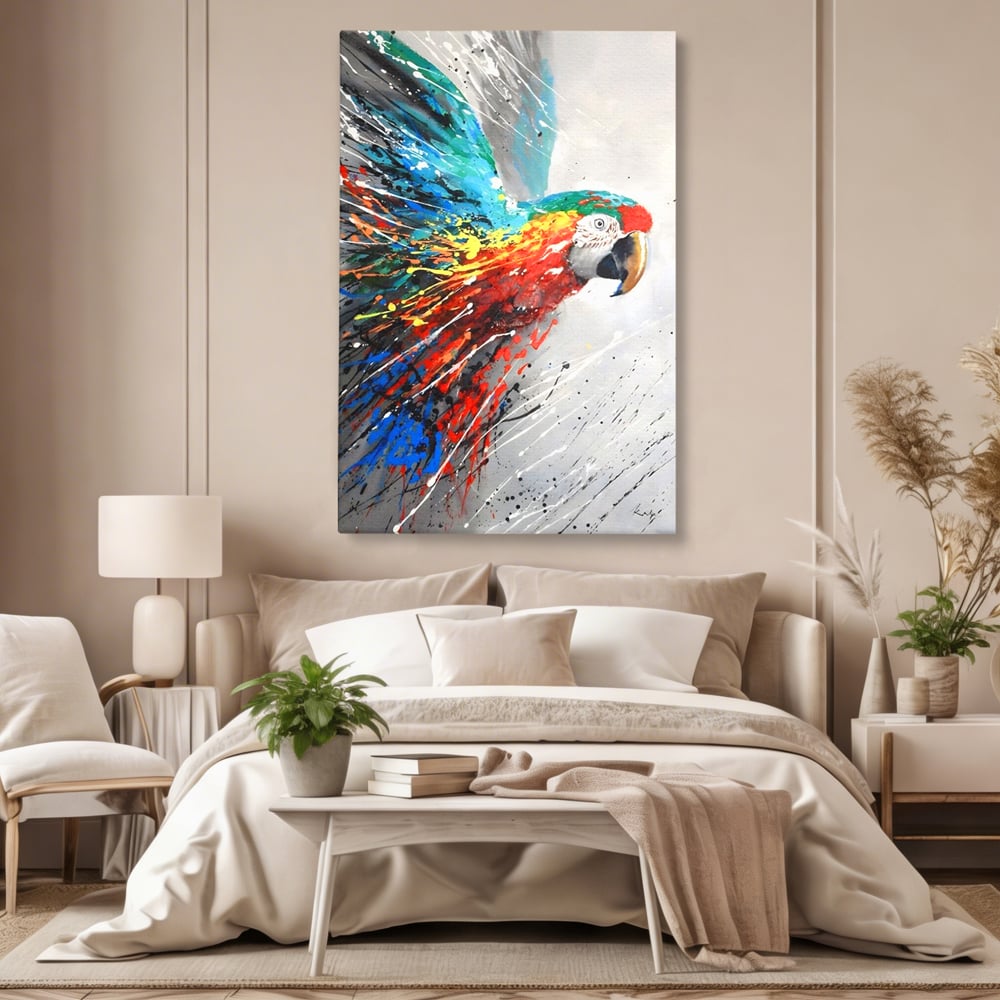 Tablou Canvas Premium LuxCanva® C1016, Papagal Zburand , Penaj Viu Colorat, Culori, Living, Camera Copilului, Birou, Relaxare, Culori Vibrante