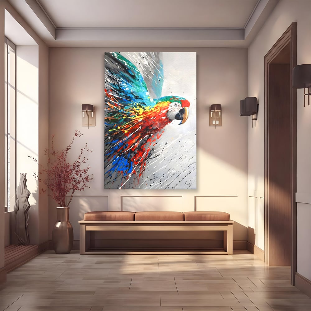 Tablou Canvas Premium LuxCanva® C1016, Papagal Zburand , Penaj Viu Colorat, Culori, Living, Camera Copilului, Birou, Relaxare, Culori Vibrante