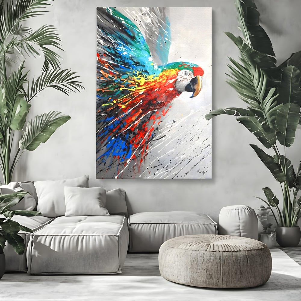 Tablou Canvas Premium LuxCanva® C1016, Papagal Zburand , Penaj Viu Colorat, Culori, Living, Camera Copilului, Birou, Relaxare, Culori Vibrante