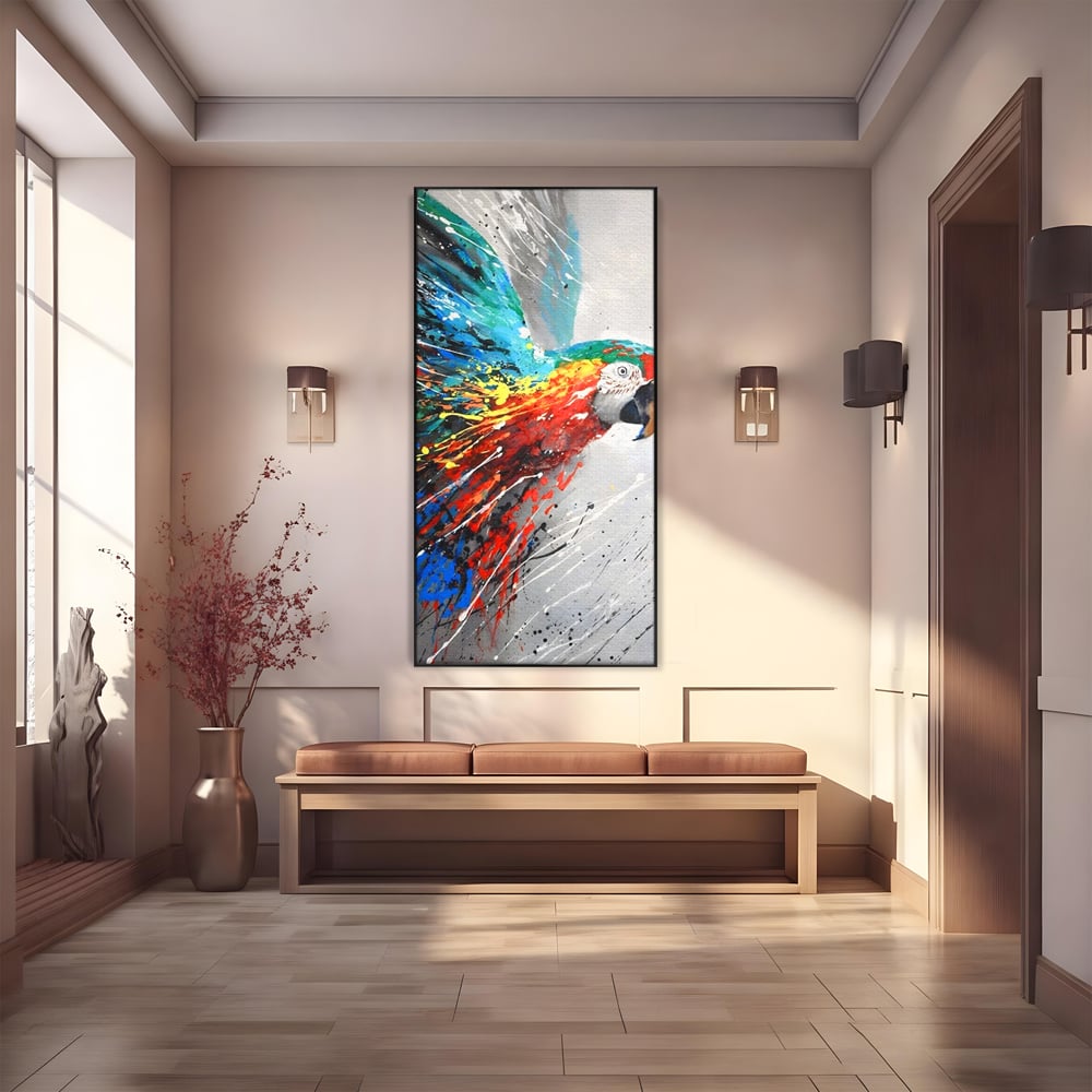 Tablou Canvas Premium LuxCanva® C1016, Papagal Zburand , Penaj Viu Colorat, Culori, Living, Camera Copilului, Birou, Relaxare, Culori Vibrante
