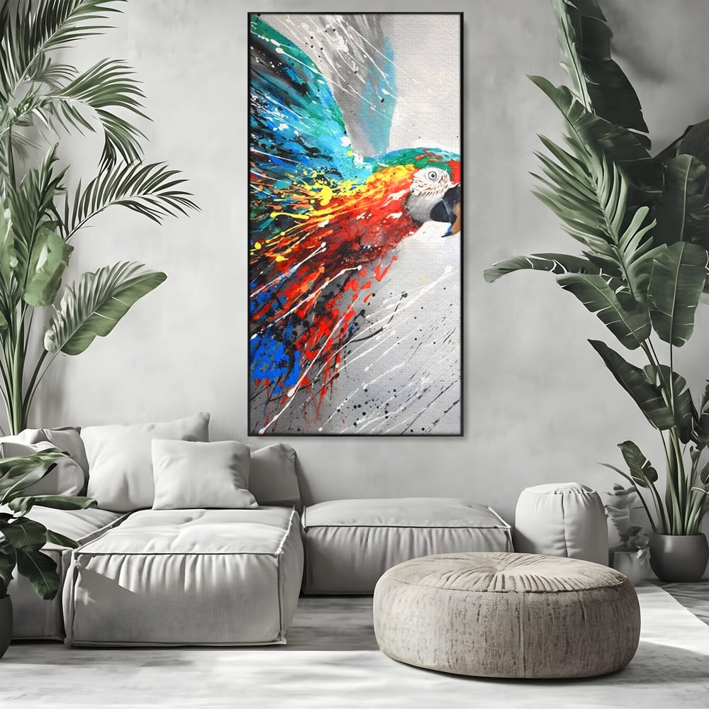 Tablou Canvas Premium LuxCanva® C1016, Papagal Zburand , Penaj Viu Colorat, Culori, Living, Camera Copilului, Birou, Relaxare, Culori Vibrante