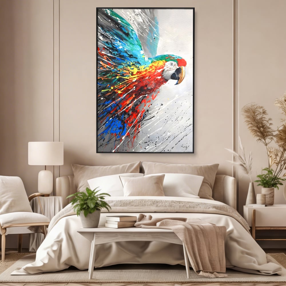 Tablou Canvas Premium LuxCanva® C1016, Papagal Zburand , Penaj Viu Colorat, Culori, Living, Camera Copilului, Birou, Relaxare, Culori Vibrante
