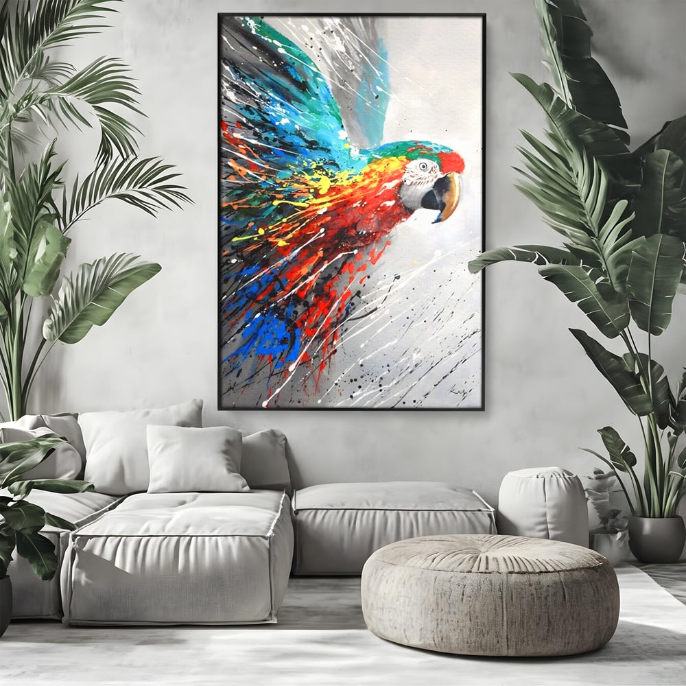 Tablou Canvas Premium LuxCanva® C1016, Papagal Zburand , Penaj Viu Colorat, Culori, Living, Camera Copilului, Birou, Relaxare, Culori Vibrante