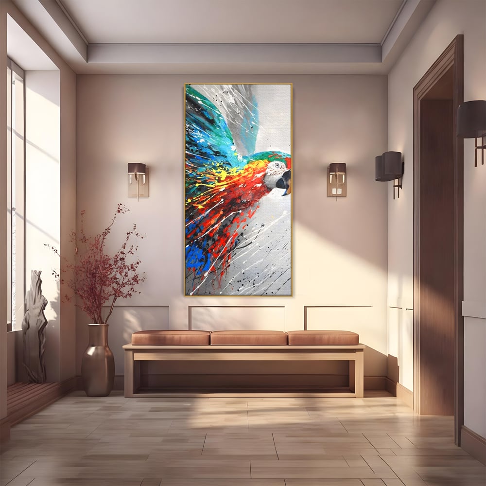 Tablou Canvas Premium LuxCanva® C1016, Papagal Zburand , Penaj Viu Colorat, Culori, Living, Camera Copilului, Birou, Relaxare, Culori Vibrante