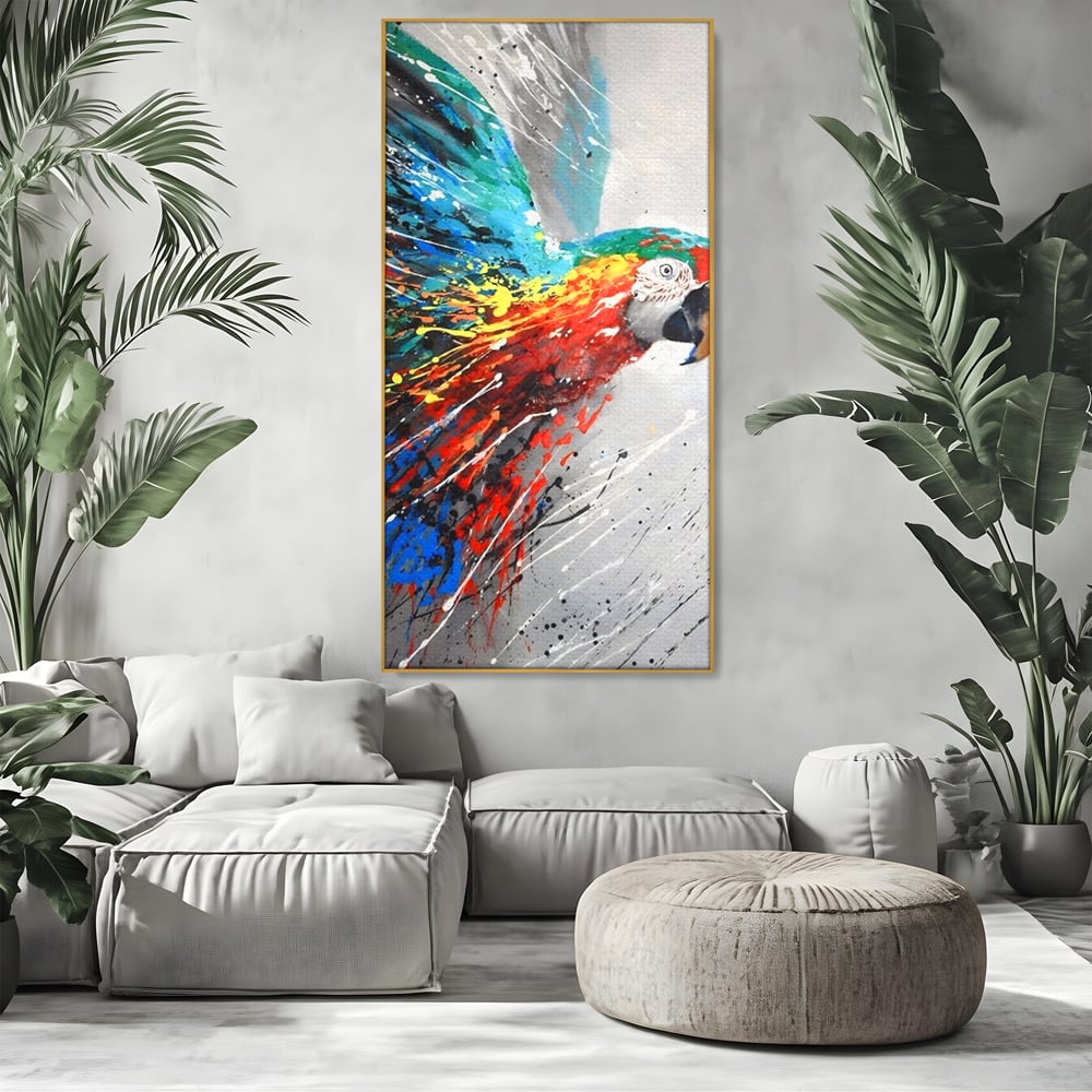 Tablou Canvas Premium LuxCanva® C1016, Papagal Zburand , Penaj Viu Colorat, Culori, Living, Camera Copilului, Birou, Relaxare, Culori Vibrante