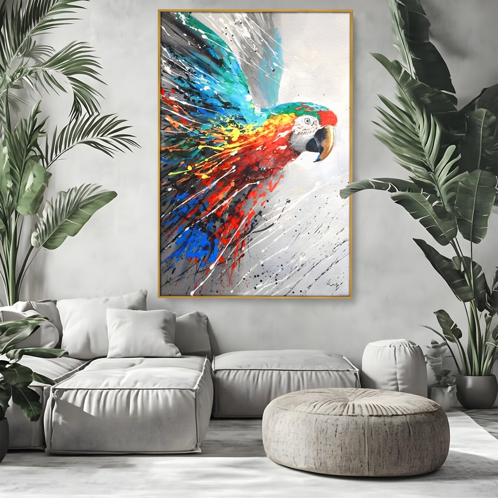 Tablou Canvas Premium LuxCanva® C1016, Papagal Zburand , Penaj Viu Colorat, Culori, Living, Camera Copilului, Birou, Relaxare, Culori Vibrante