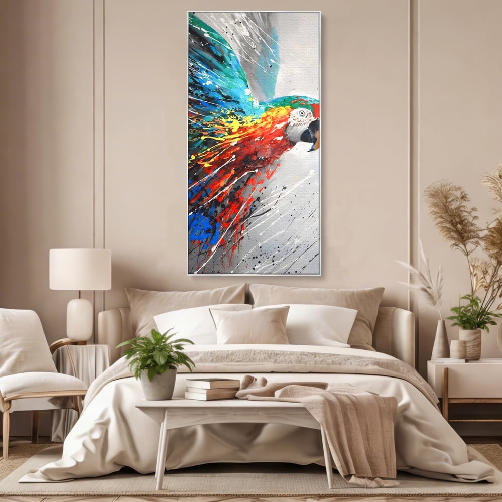 Tablou Canvas Premium LuxCanva® C1016, Papagal Zburand , Penaj Viu Colorat, Culori, Living, Camera Copilului, Birou, Relaxare, Culori Vibrante