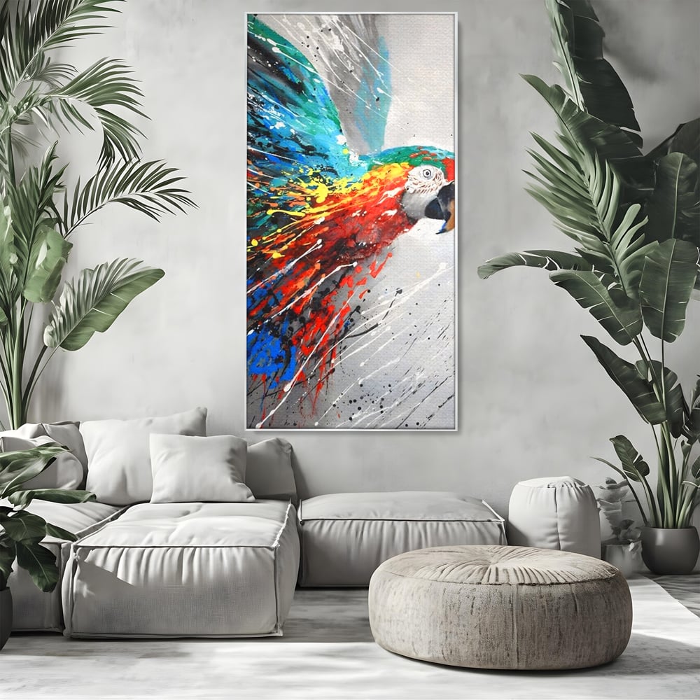 Tablou Canvas Premium LuxCanva® C1016, Papagal Zburand , Penaj Viu Colorat, Culori, Living, Camera Copilului, Birou, Relaxare, Culori Vibrante