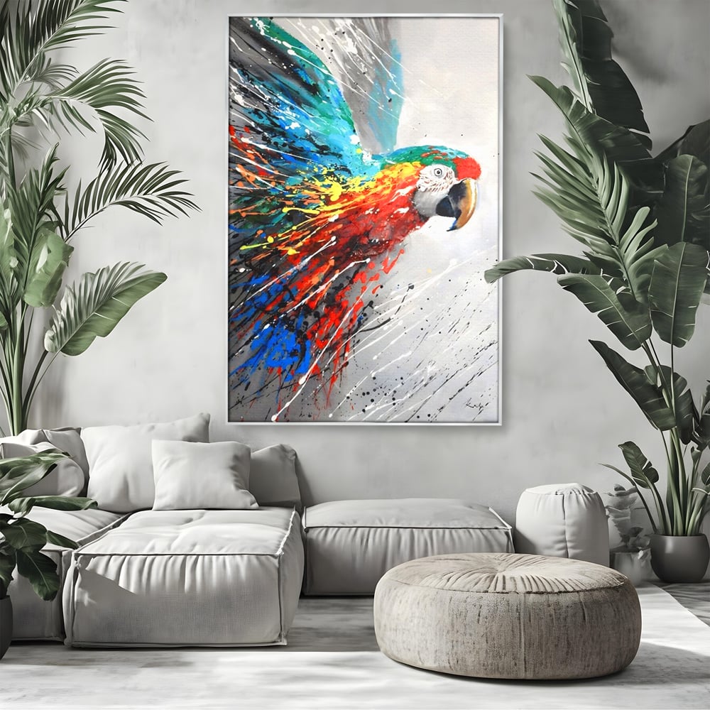 Tablou Canvas Premium LuxCanva® C1016, Papagal Zburand , Penaj Viu Colorat, Culori, Living, Camera Copilului, Birou, Relaxare, Culori Vibrante