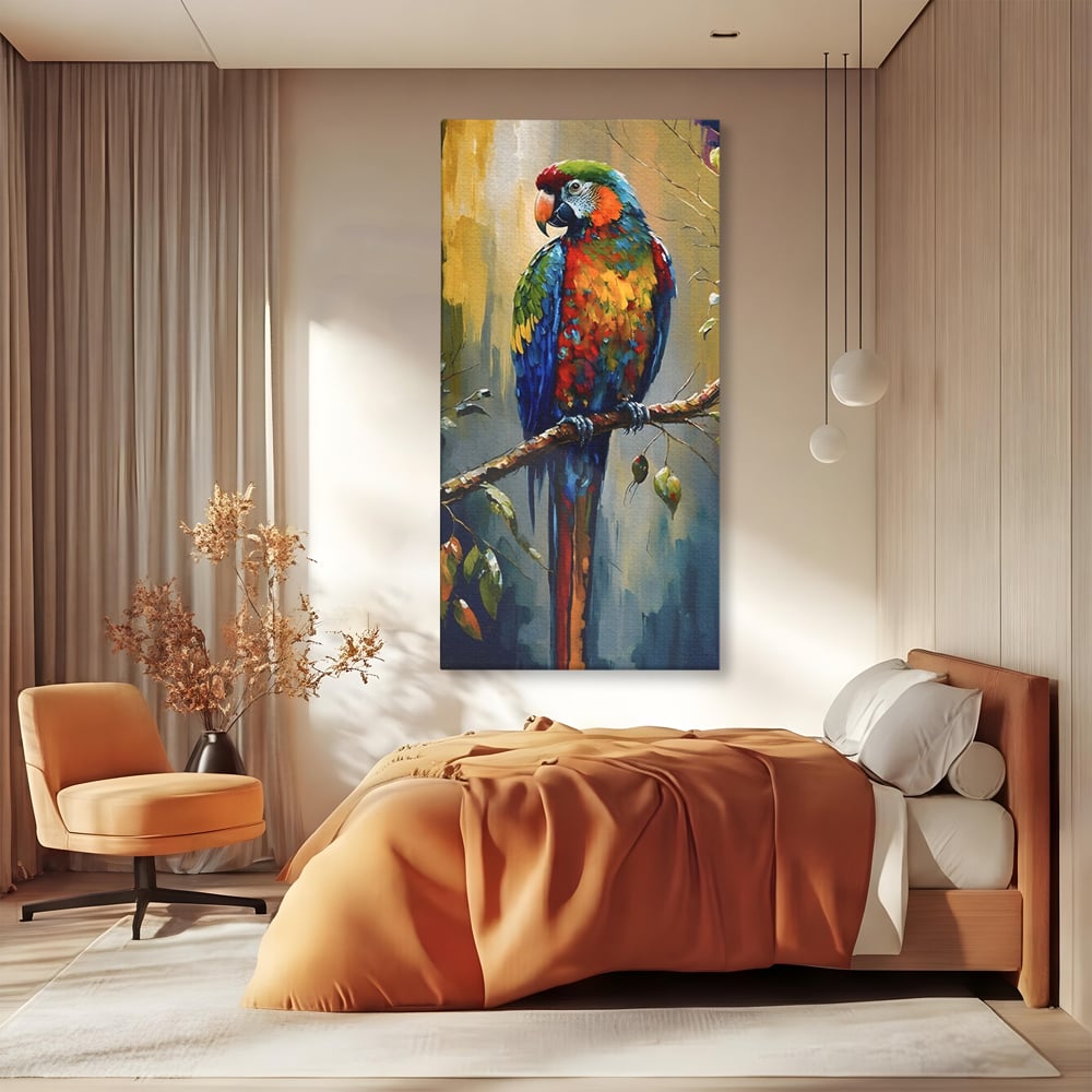 Leinwandbilder Premium LuxCanva® C1019, Papagei auf einem Ast, Farben, Kinderzimmer, Schlafzimmer, Wohnzimmer, entspannend, lebendige Farben
