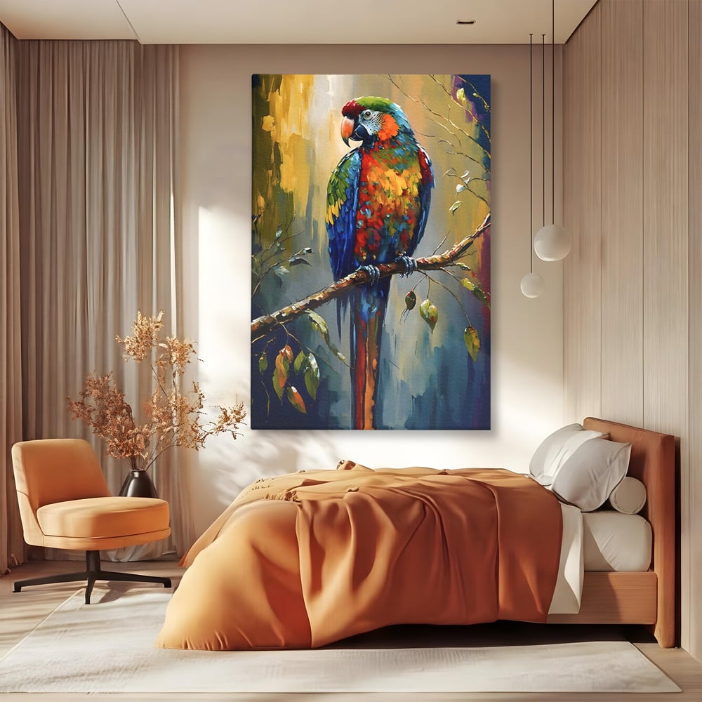 Leinwandbilder Premium LuxCanva® C1019, Papagei auf einem Ast, Farben, Kinderzimmer, Schlafzimmer, Wohnzimmer, entspannend, lebendige Farben