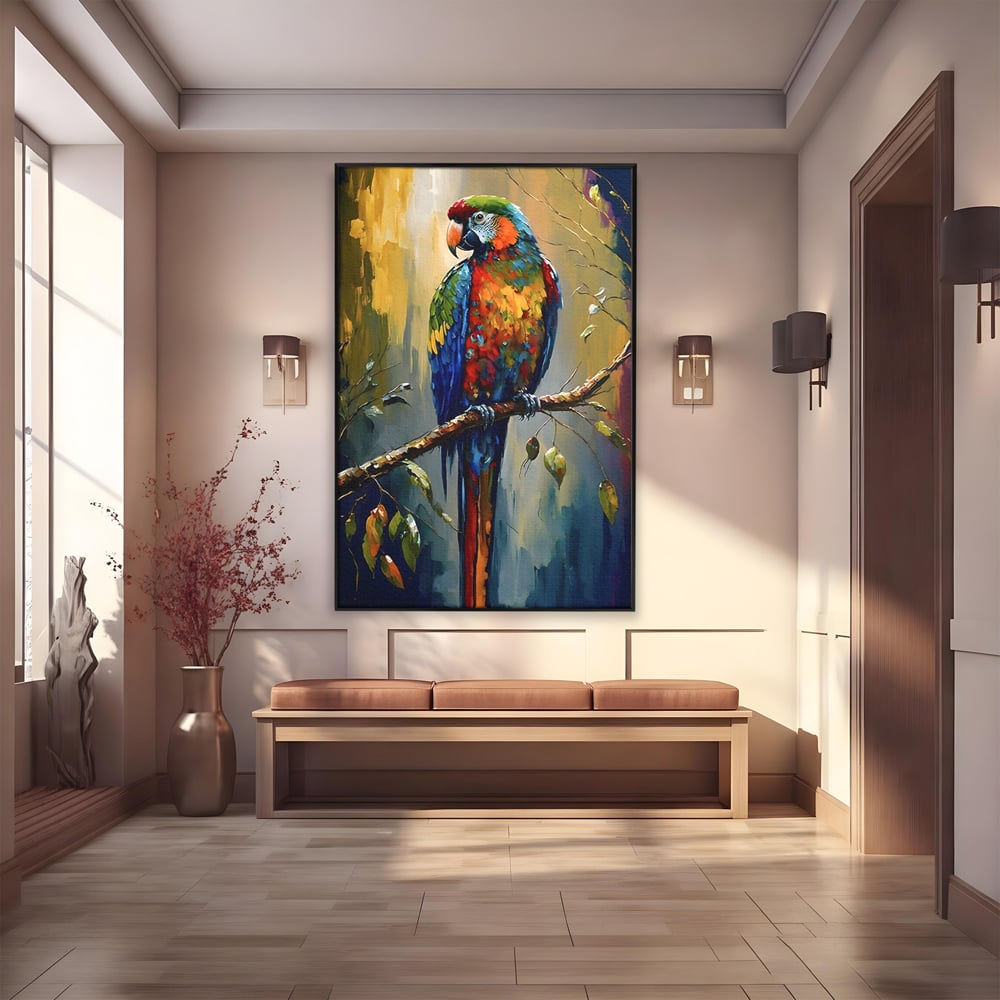 Leinwandbilder Premium LuxCanva® C1019, Papagei auf einem Ast, Farben, Kinderzimmer, Schlafzimmer, Wohnzimmer, entspannend, lebendige Farben