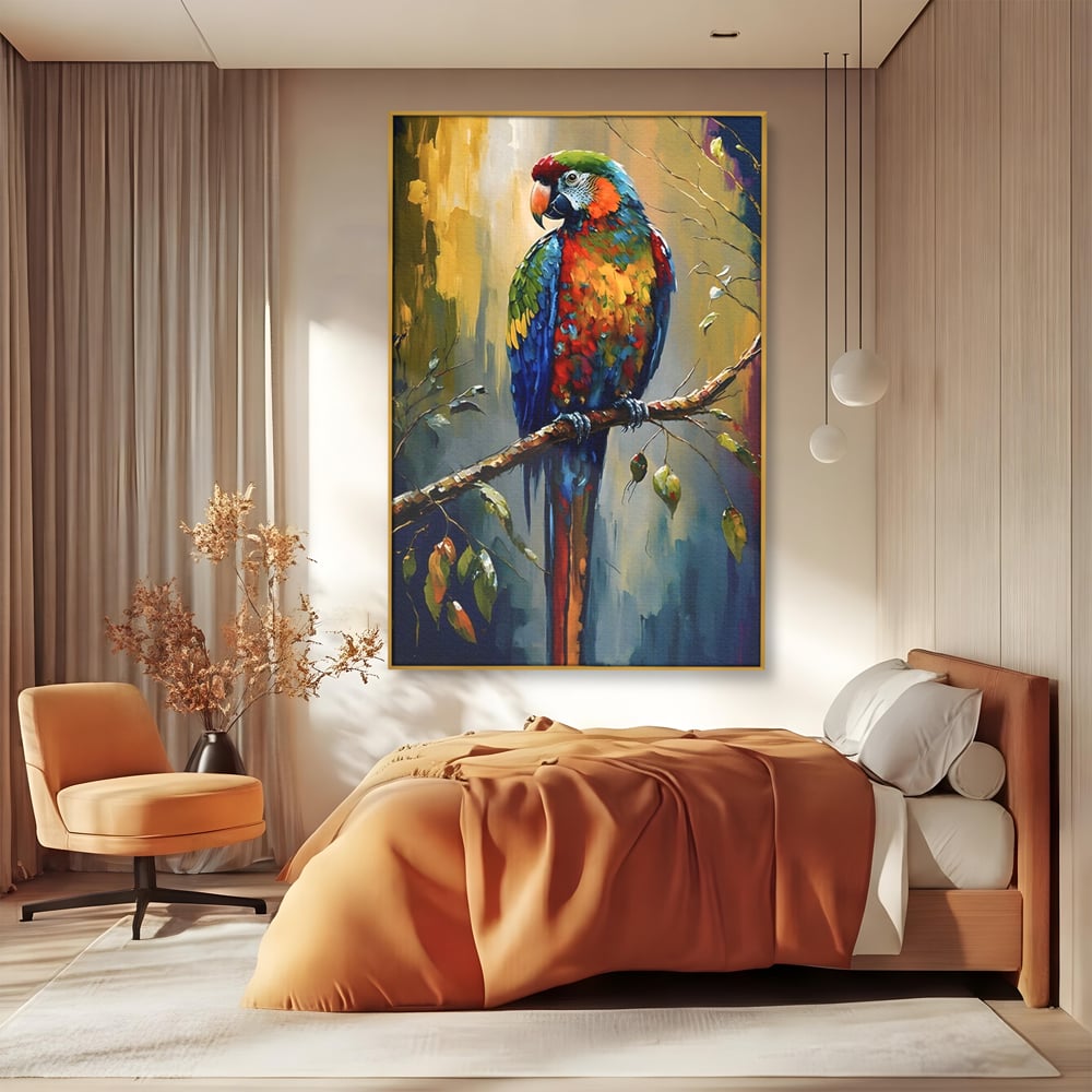 Leinwandbilder Premium LuxCanva® C1019, Papagei auf einem Ast, Farben, Kinderzimmer, Schlafzimmer, Wohnzimmer, entspannend, lebendige Farben