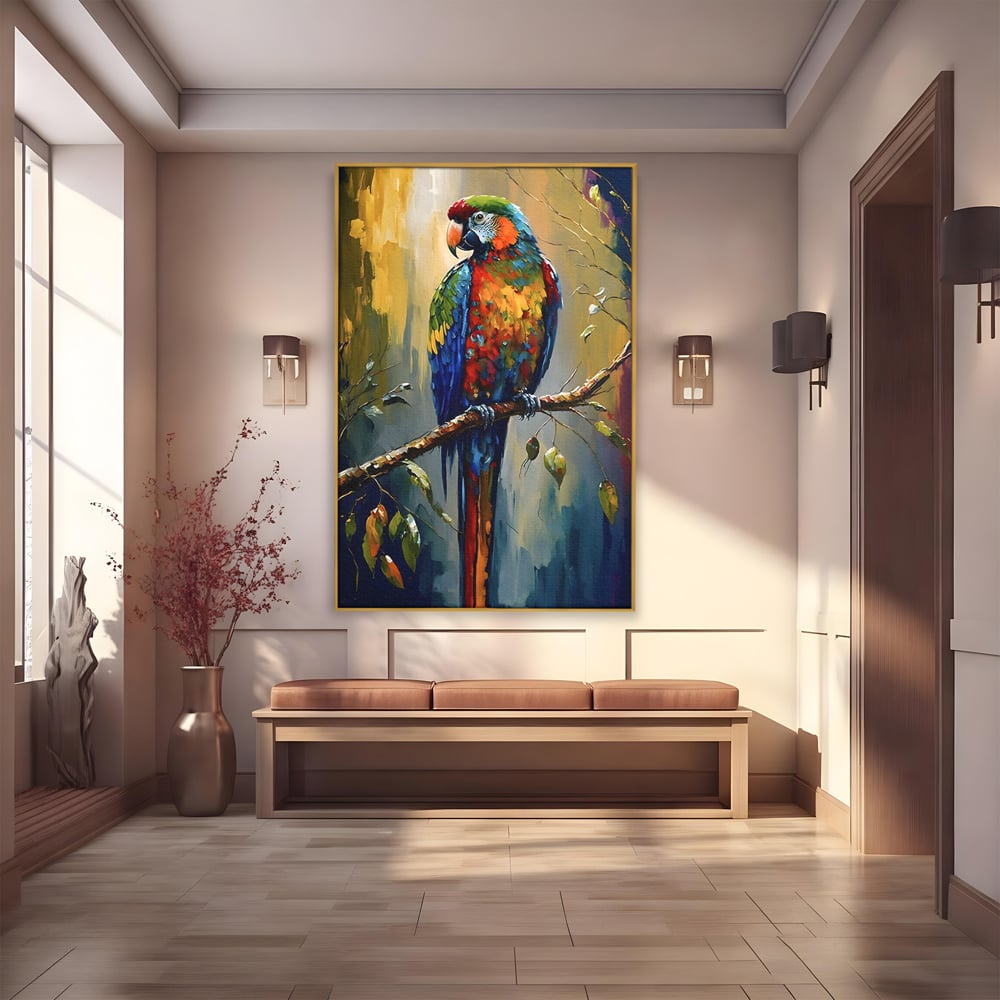 Leinwandbilder Premium LuxCanva® C1019, Papagei auf einem Ast, Farben, Kinderzimmer, Schlafzimmer, Wohnzimmer, entspannend, lebendige Farben