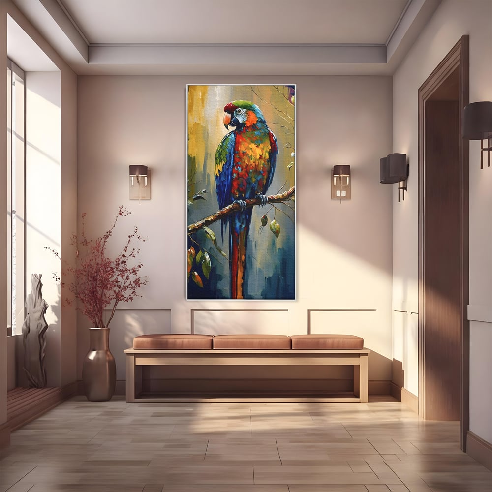 Leinwandbilder Premium LuxCanva® C1019, Papagei auf einem Ast, Farben, Kinderzimmer, Schlafzimmer, Wohnzimmer, entspannend, lebendige Farben